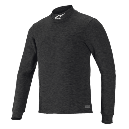 Alpinestars Race V3 Long Sleeve Top, Black textured base layer, high mock-neck collar with white logo, fitted design, flame-resistant motorsports performance wear