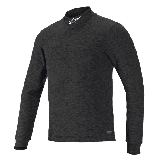 Alpinestars Race V3 Long Sleeve Top, Black textured base layer, high mock-neck collar with white logo, fitted design, flame-resistant motorsports performance wear