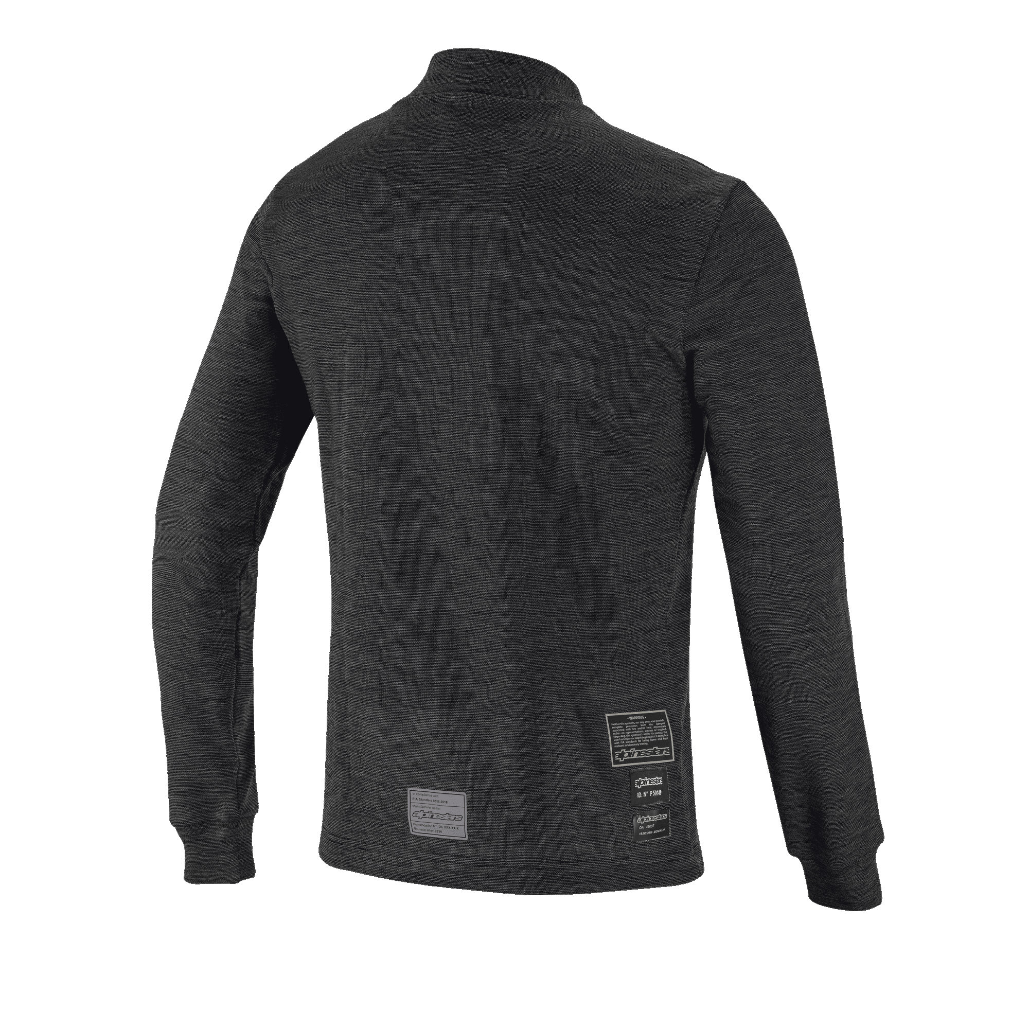 Alpinestars Race V3 Long Sleeve Top, Rear View, Black flame-resistant base layer, featuring a textured knit design, long sleeves with ribbed cuffs, and FIA homologation labels on the lower back.