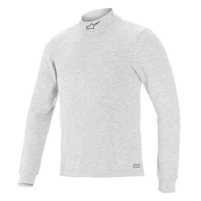 Alpinestars Race V3 Long Sleeve Top, Auto Racing Base Layer, White, mock neck with small logo, long sleeves, soft-touch flame-resistant fabric, minimalist athletic design