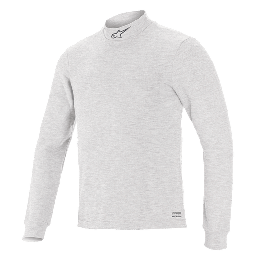 Alpinestars Race V3 Long Sleeve Top, Auto Racing Base Layer, White, mock neck with small logo, long sleeves, soft-touch flame-resistant fabric, minimalist athletic design