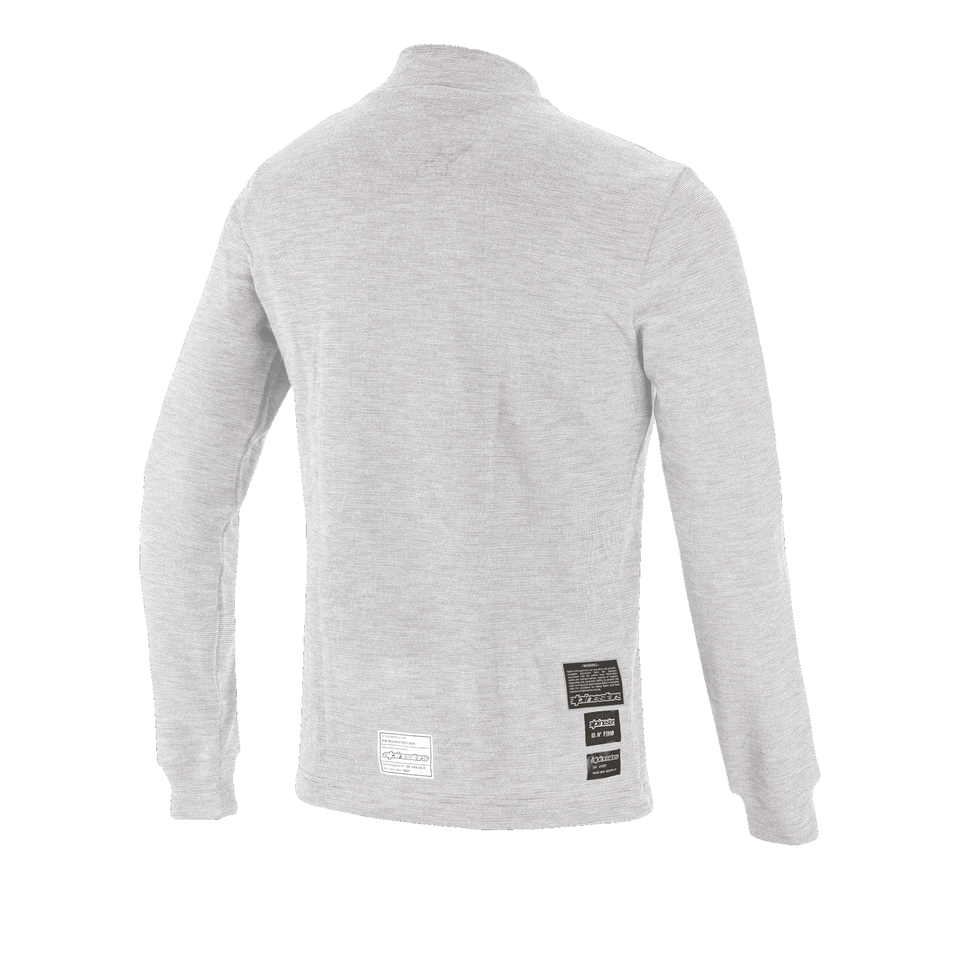 Alpinestars Race V3 Long Sleeve Top, Auto Racing Base Layer, White, back view showing FIA 8856-2018 homologation labels on the lower back, soft textured flame-resistant material for motorsport protection