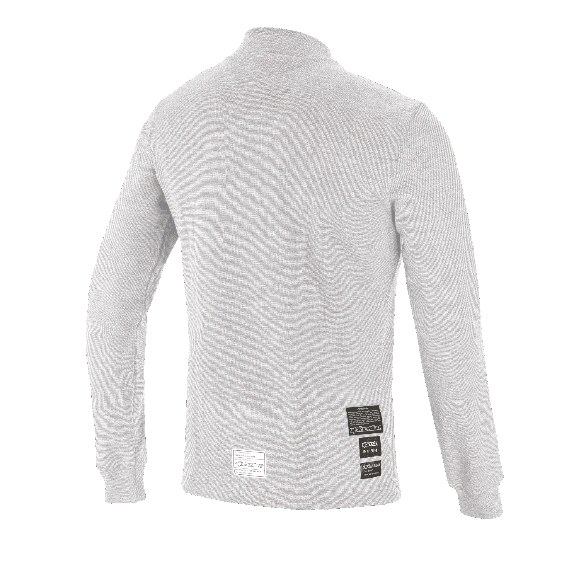 Alpinestars Race V3 Long Sleeve Top, Auto Racing Base Layer, White, back view showing FIA 8856-2018 homologation labels on the lower back, soft textured flame-resistant material for motorsport protection