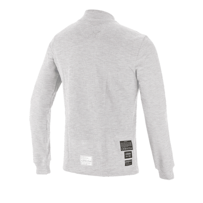 Alpinestars Race V3 Long Sleeve Top, Auto Racing Base Layer, White, back view showing FIA 8856-2018 homologation labels on the lower back, soft textured flame-resistant material for motorsport protection