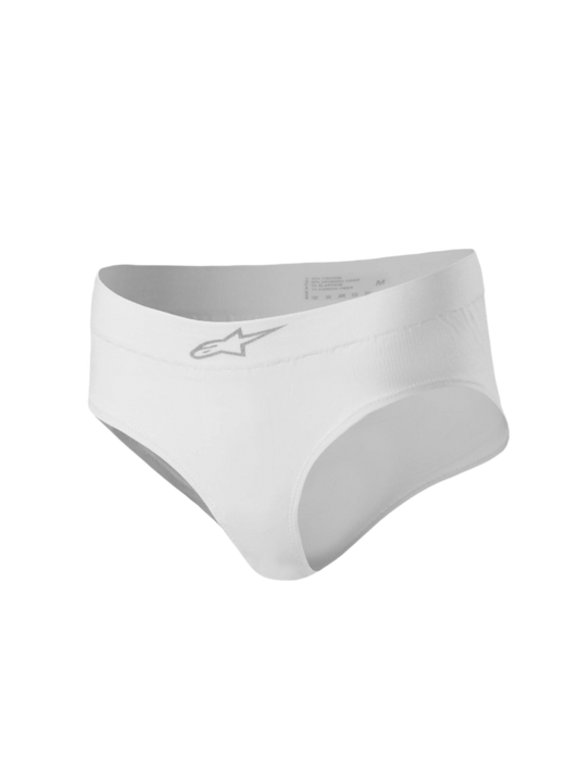 Alpinestars Stella TECH ZX Briefs, Women's Racing Underwear, White, high-cut design with a silver Astars logo on the waistband, flame-resistant FIA 8856-2018 certified base layer for auto racing