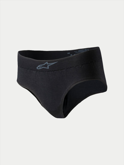 Alpinestars Stella TECH ZX Briefs, women's racing underwear, black with grey logo on the waistband, lightweight flame-resistant base layer, FIA 8856-2018 certified, designed for auto racing performance.