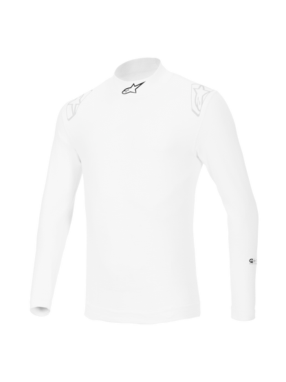 Alpinestars ZX Evo V3 Long Sleeve Top, White auto racing base layer, flame-resistant design with a black star logo on the collar and faint white logos on the shoulders, professional motorsport gear.