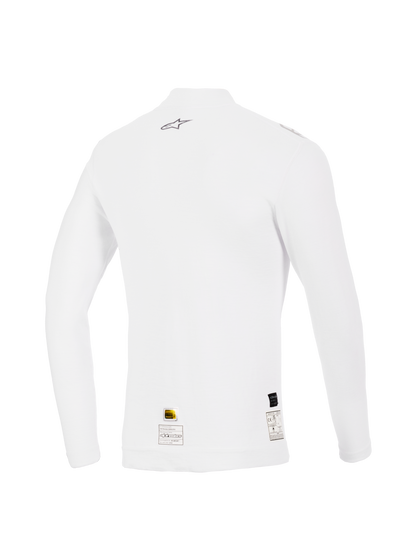 Alpinestars ZX Evo V3 Long Sleeve Top, White, Back View, Flame-resistant auto racing base layer featuring a small grey Alpinestars logo on the upper back and certification labels at the hem, performance fit with soft texture