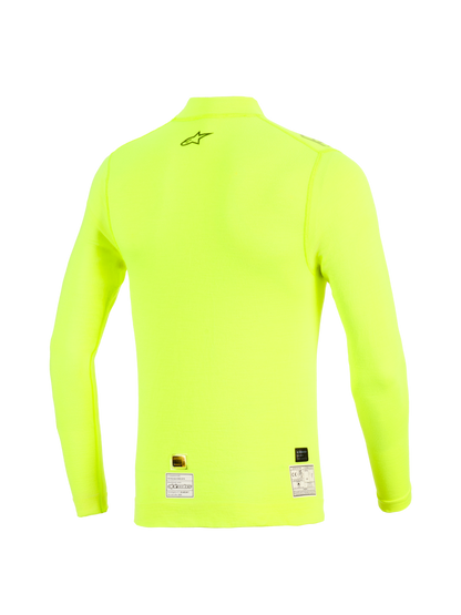 Alpinestars ZX Evo V3 Long Sleeve Top, Back View, Yellow Fluo, fluorescent yellow flame-resistant base layer with black star logo on upper back and certification labels at the hem, technical motorsport apparel
