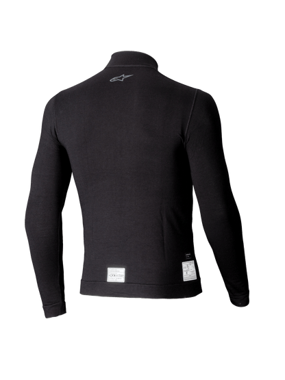 Alpinestars ZX Evo V3 Long Sleeve Top, Black Auto Racing Base Layer, back view featuring a small gray logo on the neck and white FIA/SFI certification labels at the bottom hem, lightweight flame-resistant design.