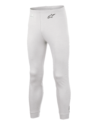 Alpinestars Race V3 Bottom, Auto Racing Base Layer Pants, White, textured flame-resistant material, black A-star logo on the hip, ribbed ankle cuffs and waistband, lightweight technical underlayer