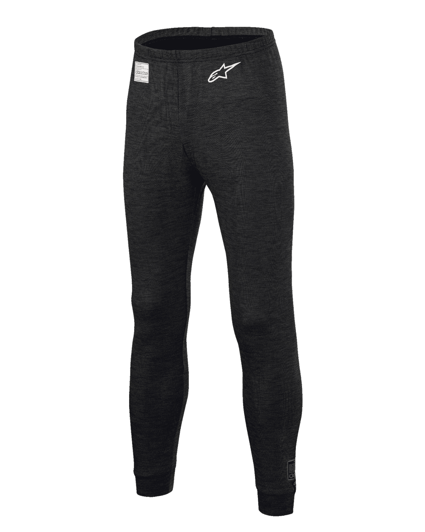 Alpinestars Race V3 Bottom, Auto Racing Base Layer Pants, Black, featuring flame-resistant textured fabric, white star logo on the thigh, FIA certification label on the waistband, full-length technical undergarment for professional motorsport
