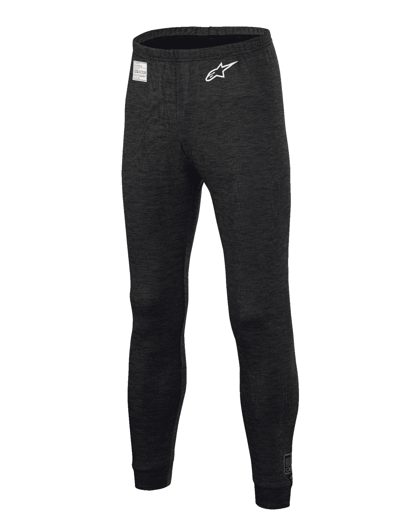 Alpinestars Race V3 Bottom, Auto Racing Base Layer Pants, Black, featuring flame-resistant textured fabric, white star logo on the thigh, FIA certification label on the waistband, full-length technical undergarment for professional motorsport
