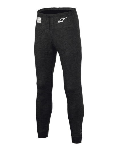 Alpinestars Race V3 Bottom, Auto Racing Base Layer Pants, Black, featuring flame-resistant textured fabric, white star logo on the thigh, FIA certification label on the waistband, full-length technical undergarment for professional motorsport