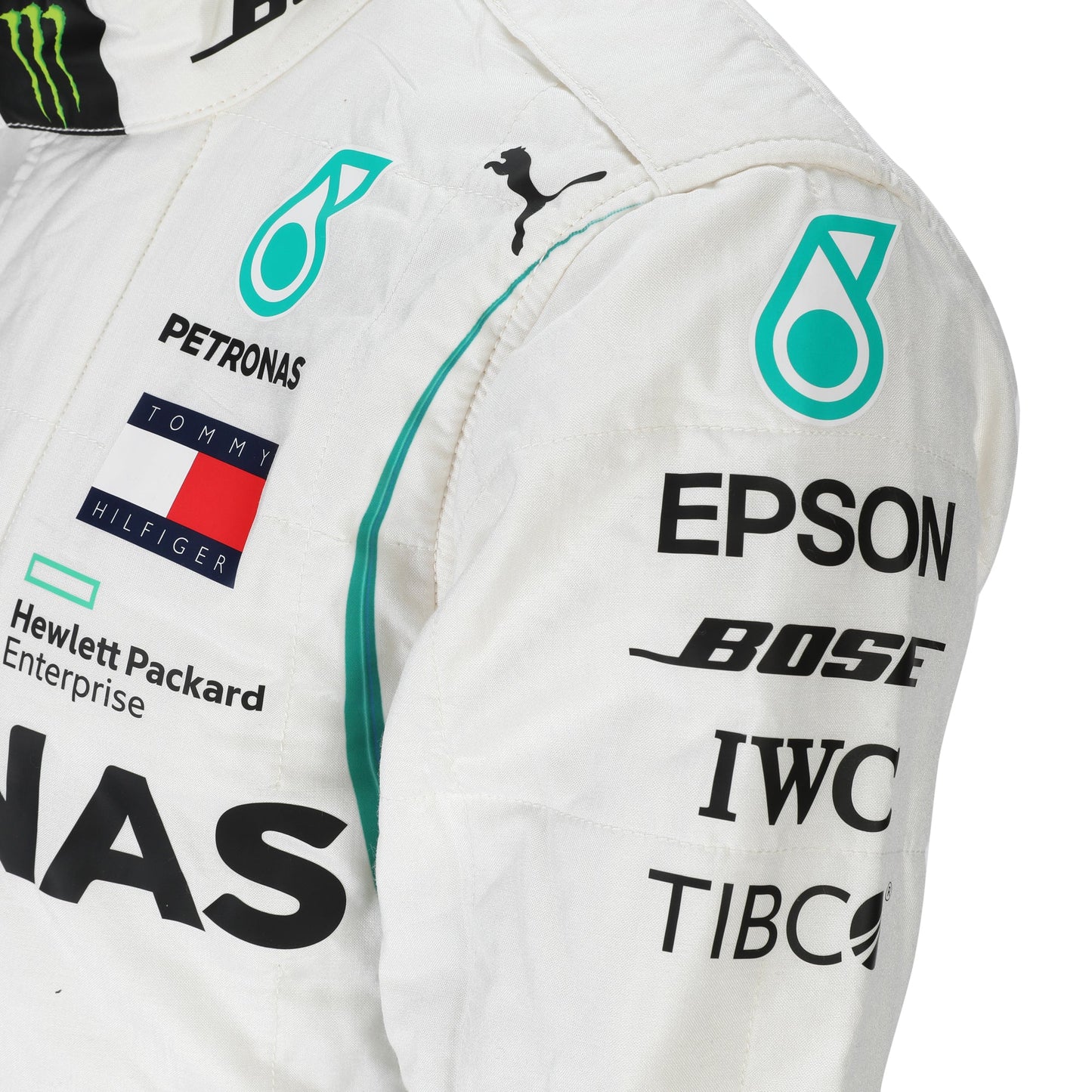 Valtteri Bottas name, Finnish flag and number 77 on 2018 Mercedes F1-inspired race suit