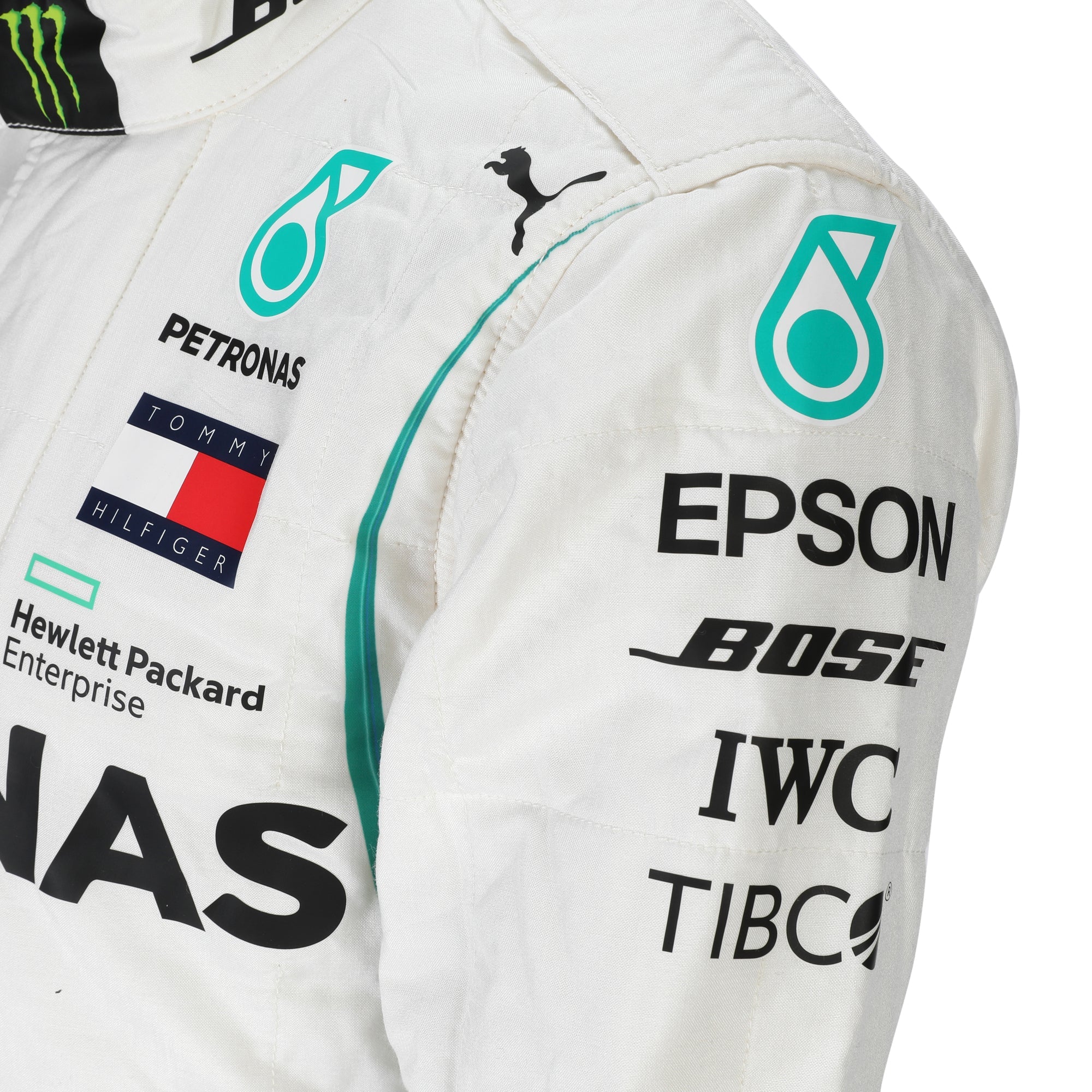 Valtteri Bottas name, Finnish flag and number 77 on 2018 Mercedes F1-inspired race suit