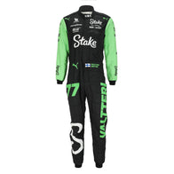 Back view of Valtteri Bottas’s black and green 2024 Stake Kick Sauber F1 race suit – Dash Racegear.