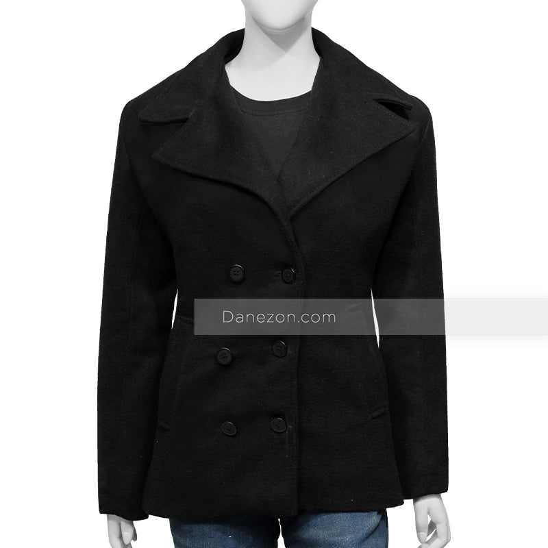 Womens Black Wool Peacoat Jacket women detail view 3 | Dash Racegear — Black wool peacoat women