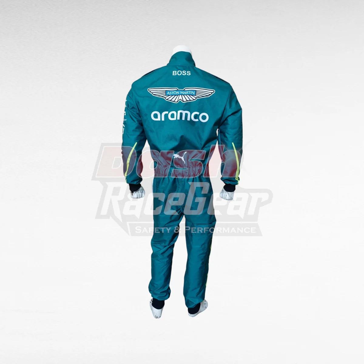 Green Aston Martin Fernando Alonso replica racing suit, rear view on mannequin