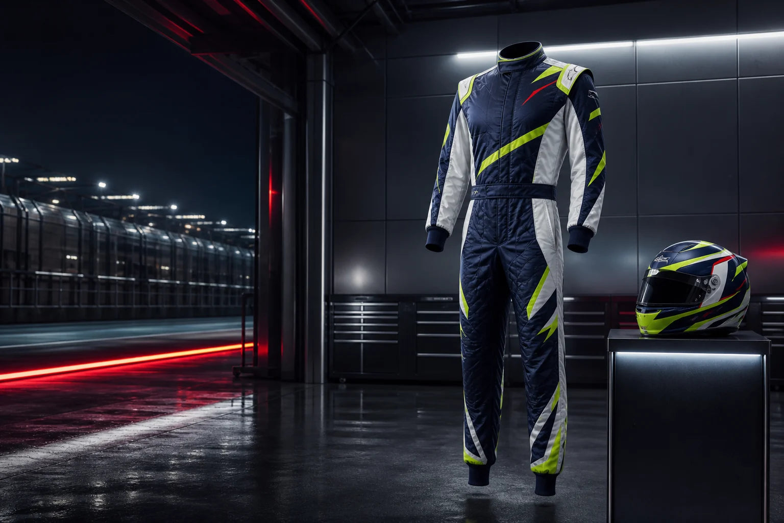 Arvid Lindblad-inspirierter, marineblauer, weißer und lindgrüner Rennanzug mit Helm in einer modernen Motorsport-Boxengasse