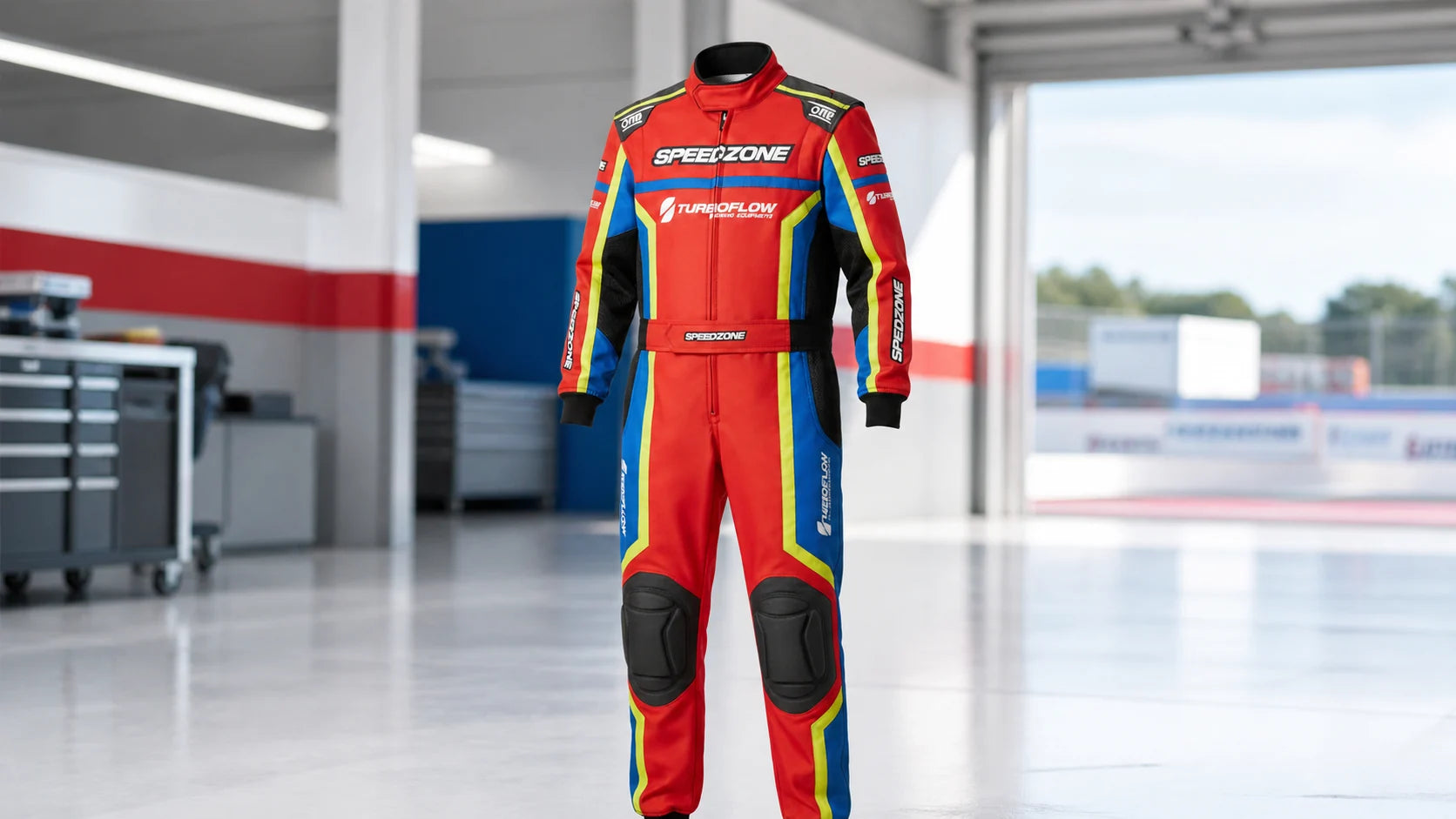 Red blue and neon yellow youth karting suit displayed in a bright modern paddock for the Dash Racegear buying guide