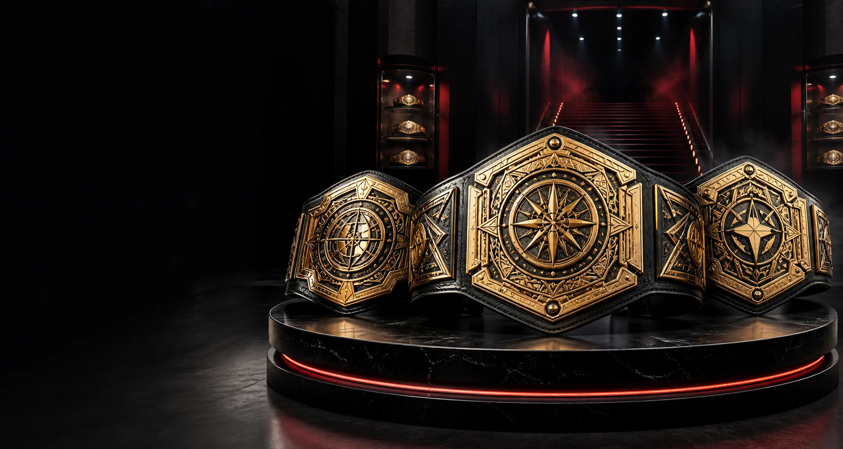 Three original Dash Racegear gold and black collector championship belts displayed on a premium dark arena platform