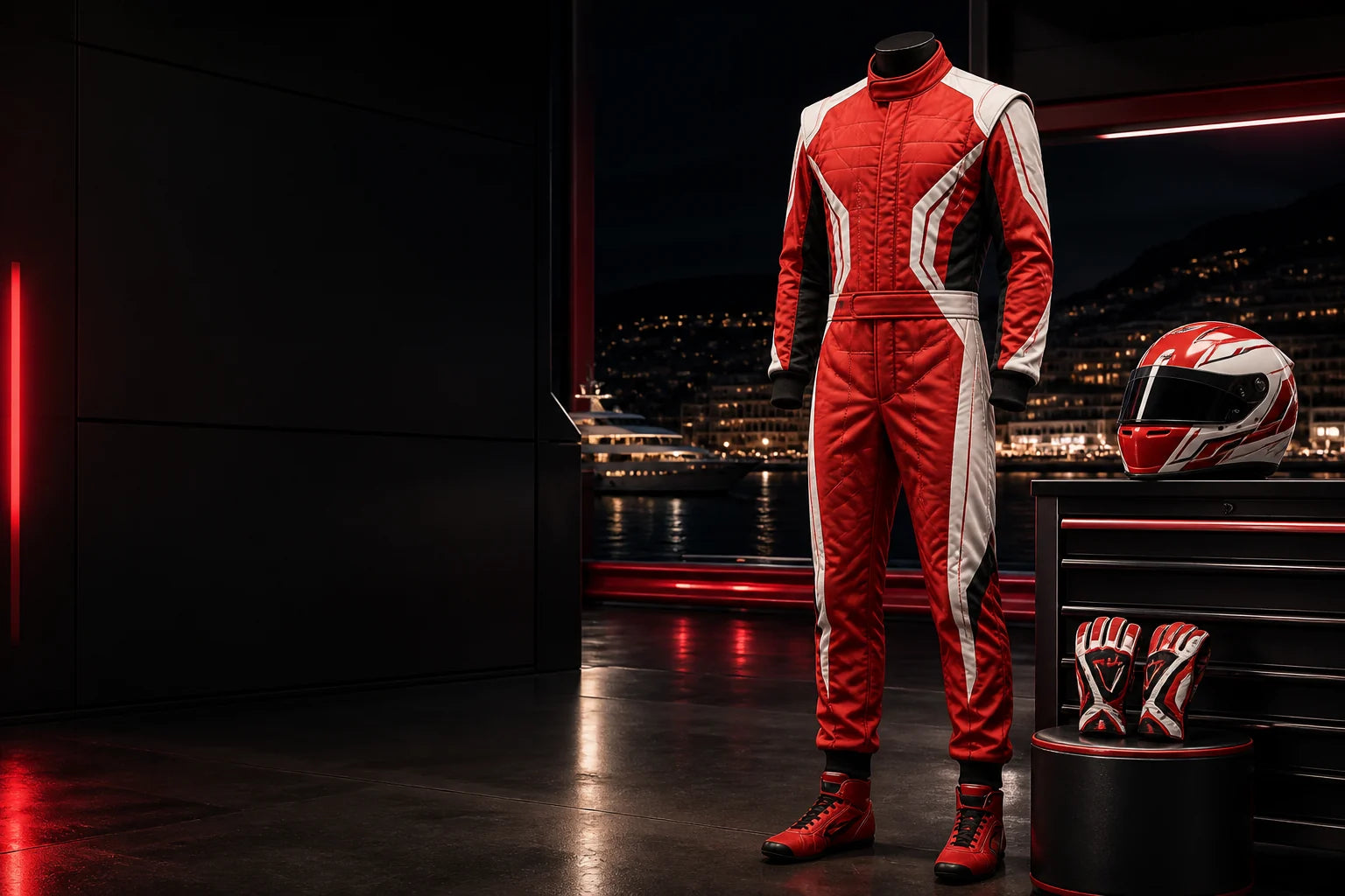 Ein von Charles Leclerc inspirierter rot-weißer Rennanzug, Helm und Handschuhe, ausgestellt in einer Motorsport-Garage im Monaco-Stil