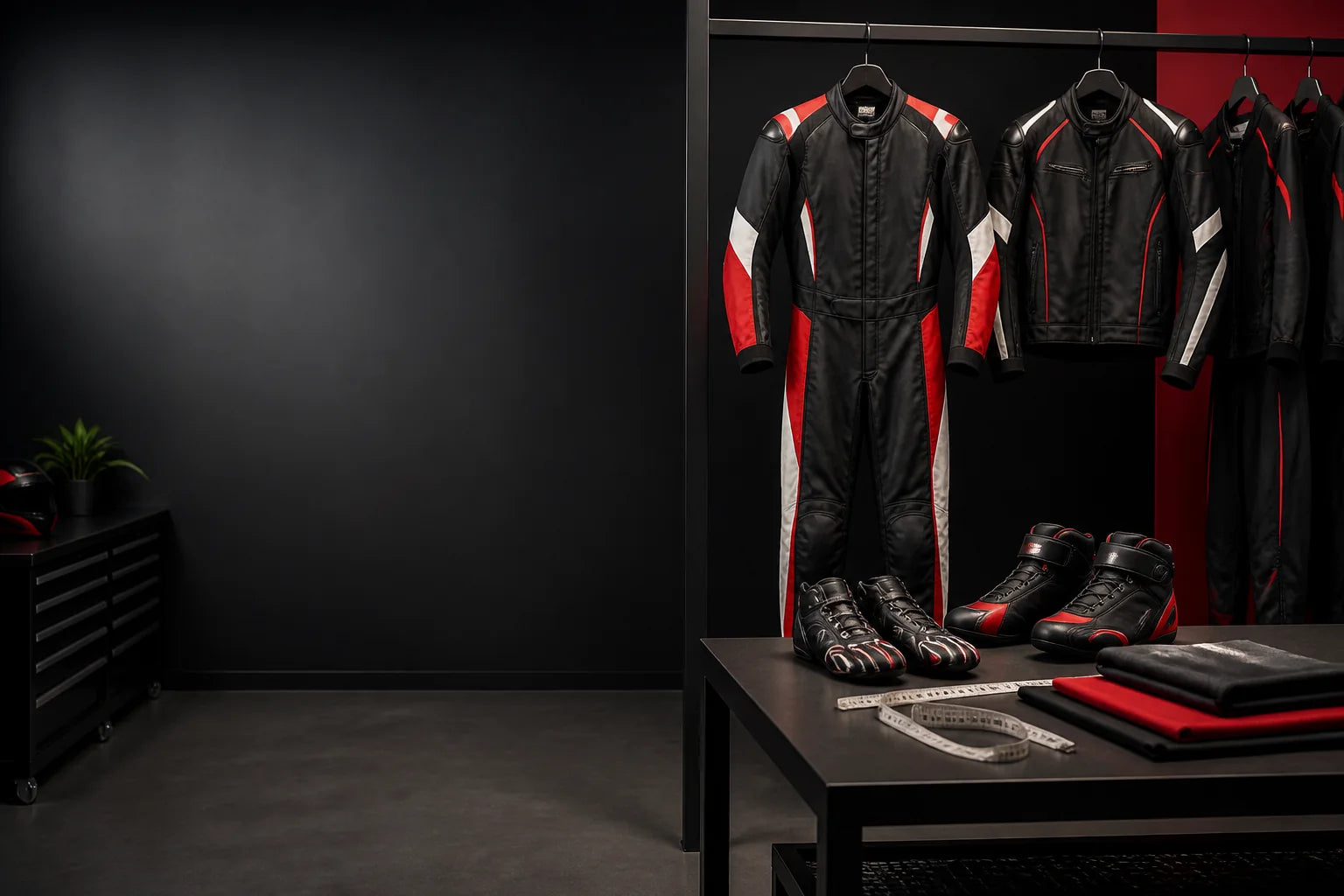Dash Racegear black and red racewear, jacket, gloves and racing shoes displayed in a professional sizing studio