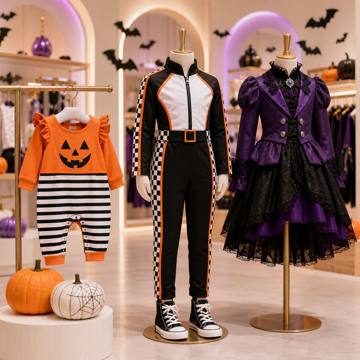 Halloween baby romper girls racing outfit and teen purple costume displayed in a bright boutique