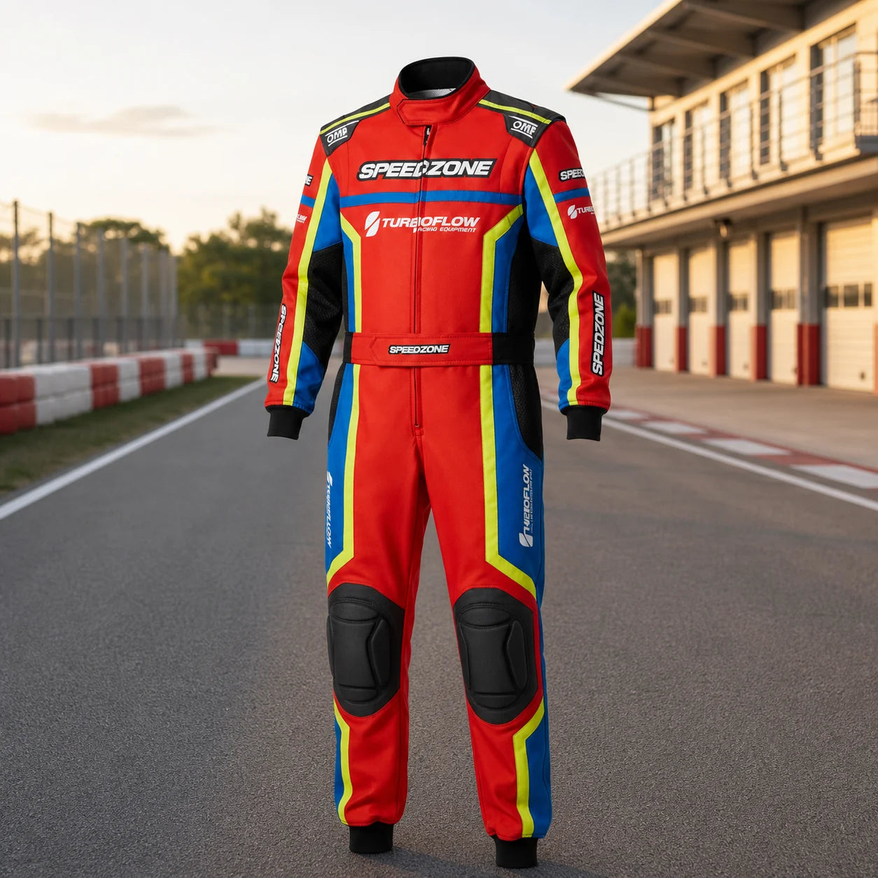 Junior karting suit displayed beside a daylight kart circuit pit lane for the Dash Racegear sizing guide