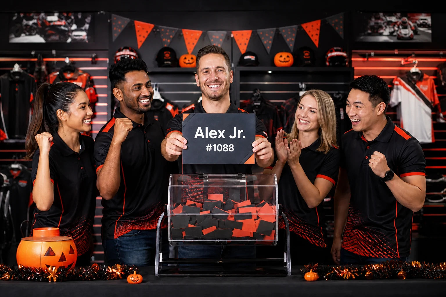 Dash Racegear team recreation announcing Alex Jr. with public winner reference 1088 during the 2024 Halloween lucky draw