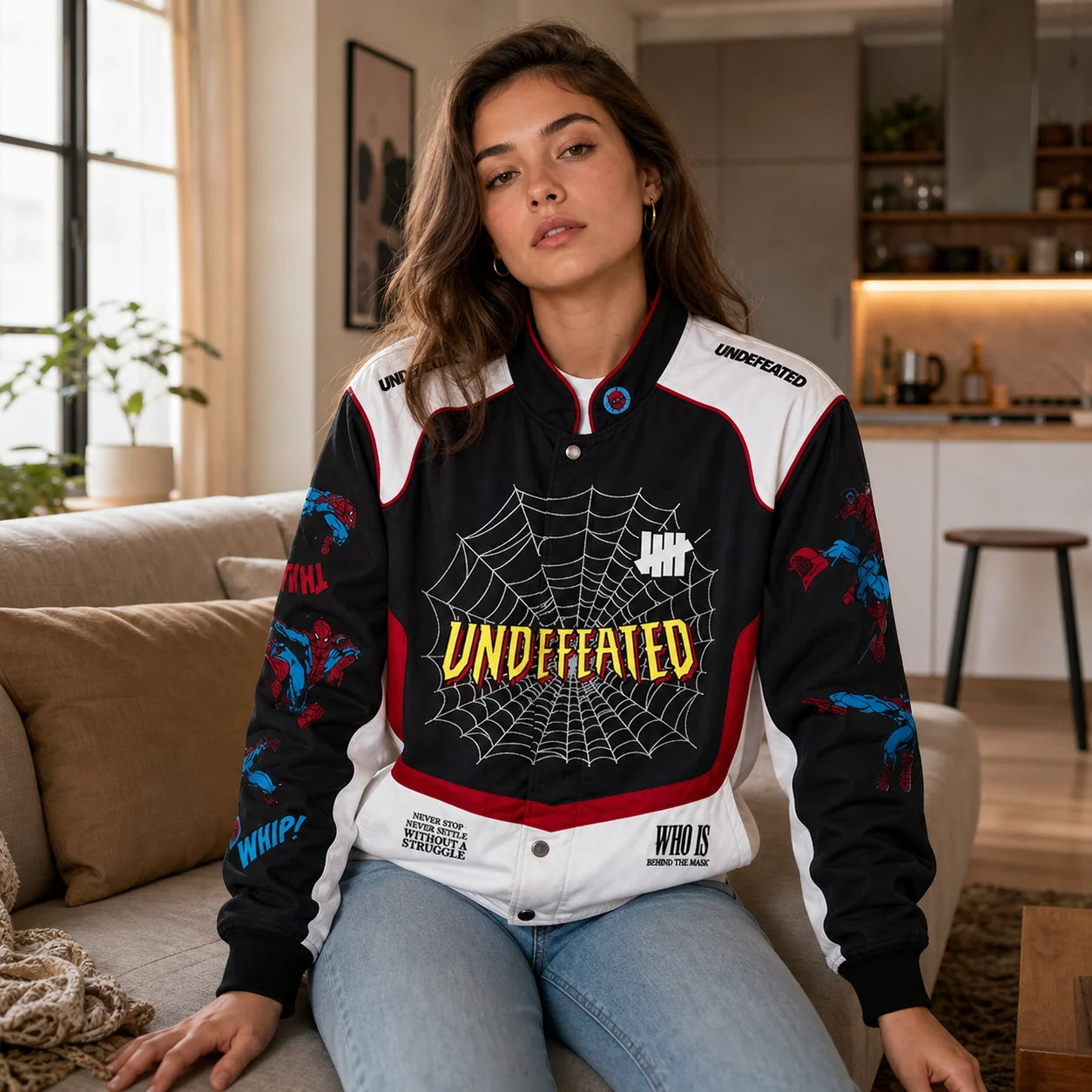Adult woman wearing the Undefeated x Spider-Man FW26 varsity jacket with light denim in a modern home