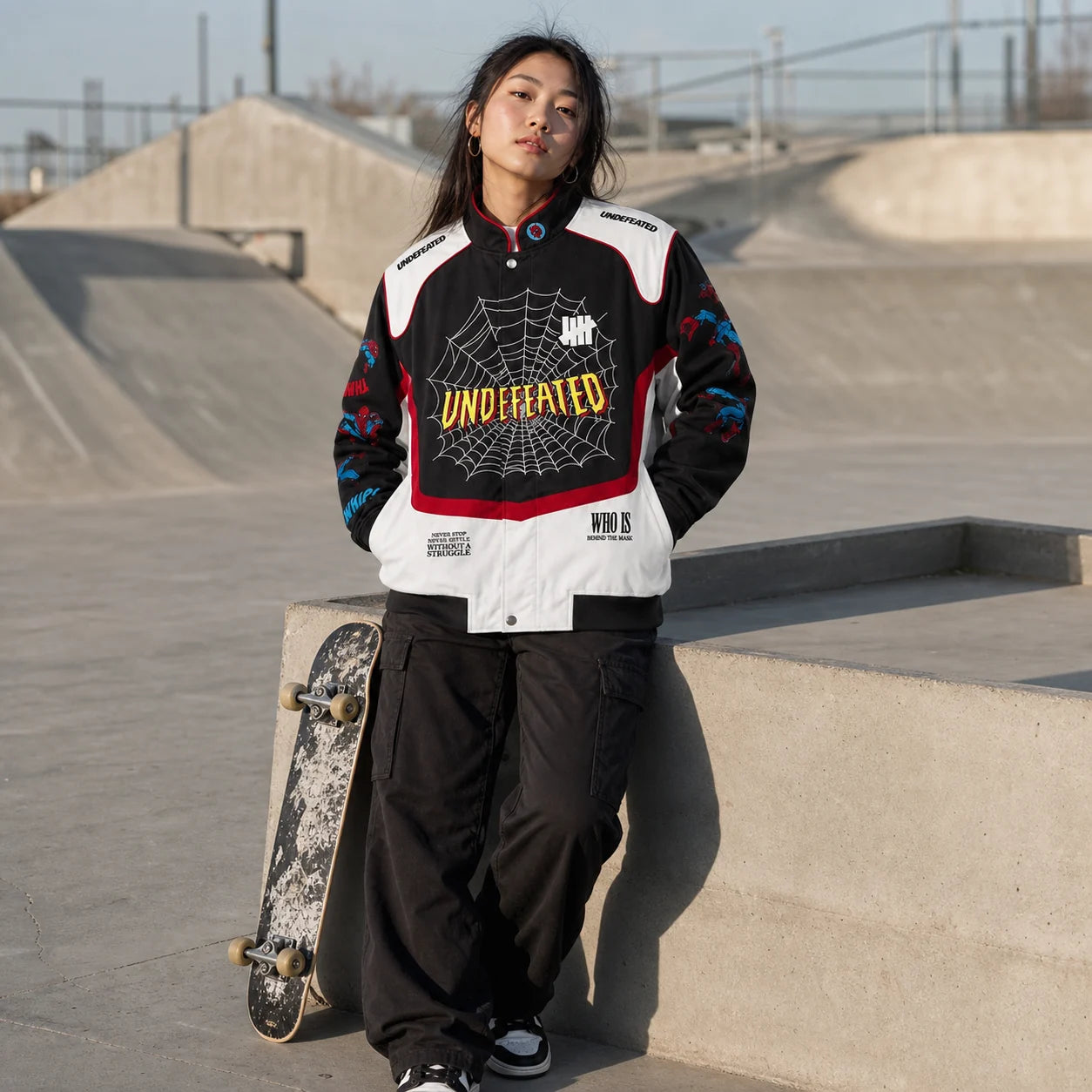 Adult woman pairing the Dash Racegear Spider-Man graphic varsity jacket with cargo pants at a skatepark
