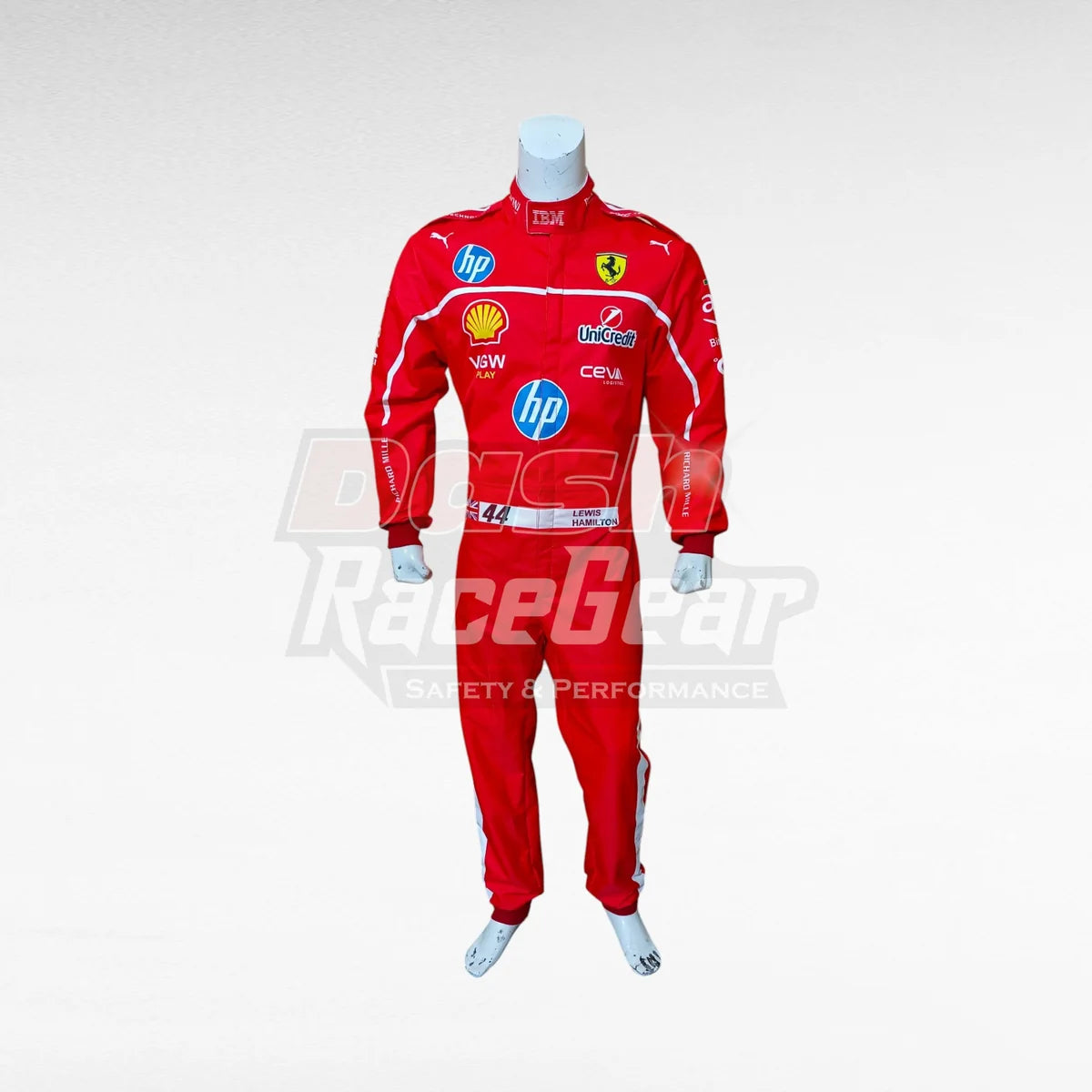 Red Ferrari Lewis Hamilton replica racing suit, full front view on mannequin