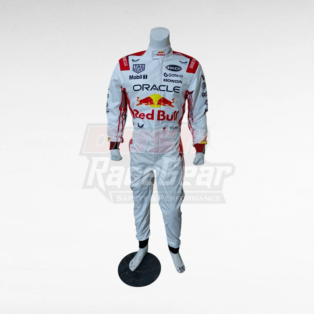 White Oracle Red Bull Yuki Tsunoda replica racing suit, front view with mannequin stand