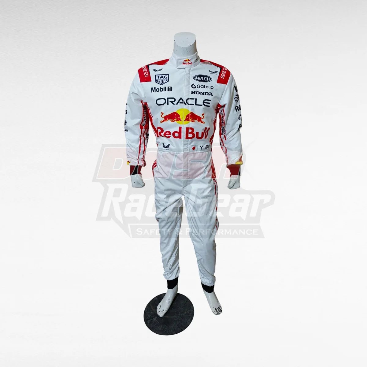 White Oracle Red Bull Yuki Tsunoda replica racing suit, full front view on mannequin