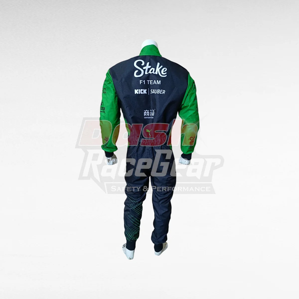 Black and green Stake Sauber Gabriel Bortoleto replica racing suit, rear view on mannequin