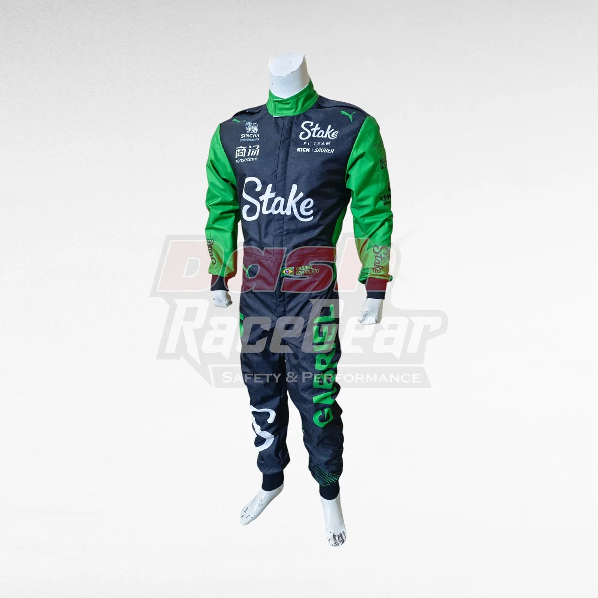 Black and green Stake Sauber Gabriel Bortoleto replica racing suit, three-quarter left view on mannequin