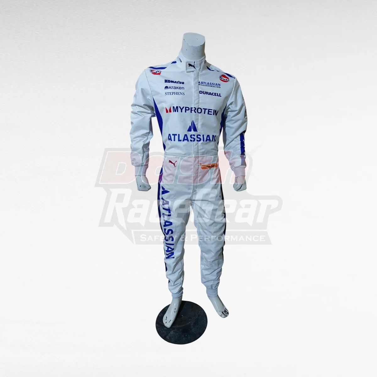 White Williams Carlos Sainz replica racing suit, full front view on mannequin