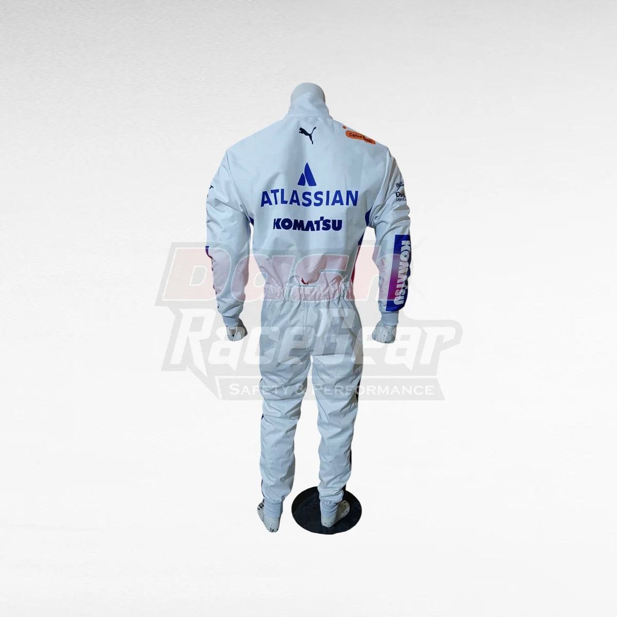 White Williams Carlos Sainz replica racing suit, rear view on mannequin