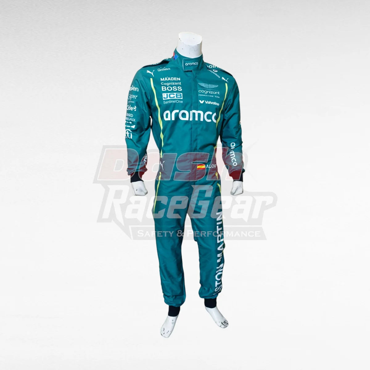 Green Aston Martin Fernando Alonso replica racing suit, detailed front view on mannequin