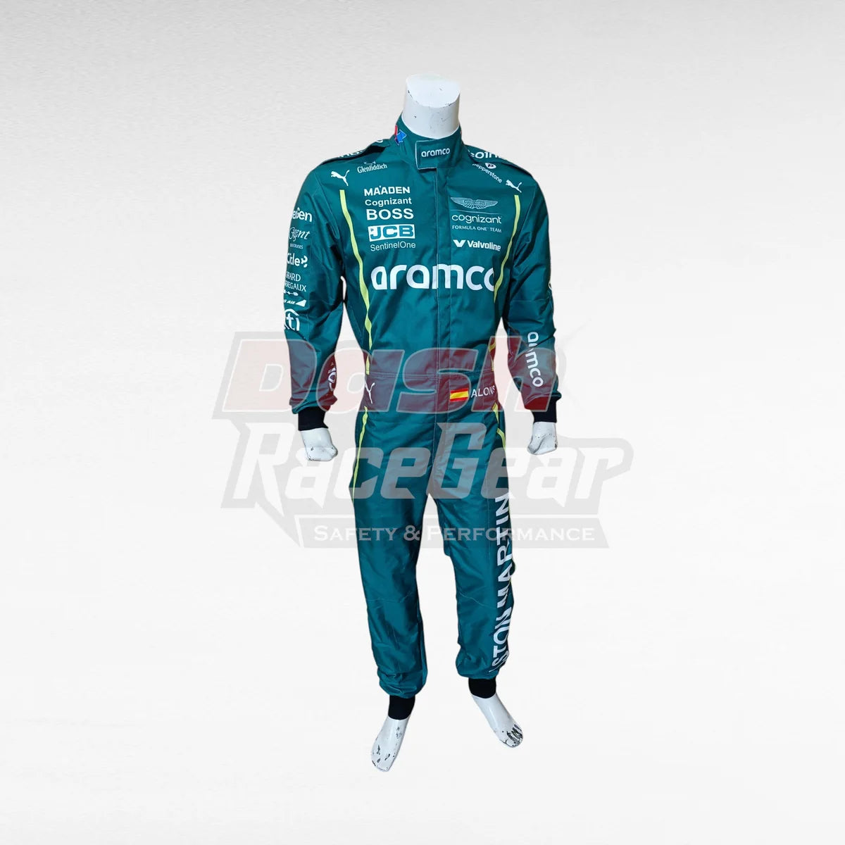 Green Aston Martin Fernando Alonso replica racing suit, front view on mannequin