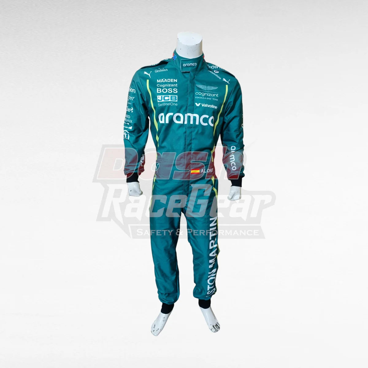 Green Aston Martin Fernando Alonso replica racing suit, full front view on mannequin