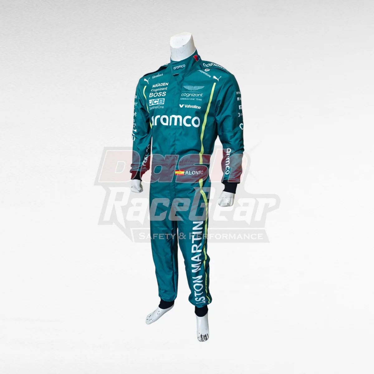 Green Aston Martin Fernando Alonso replica racing suit, three-quarter view on mannequin
