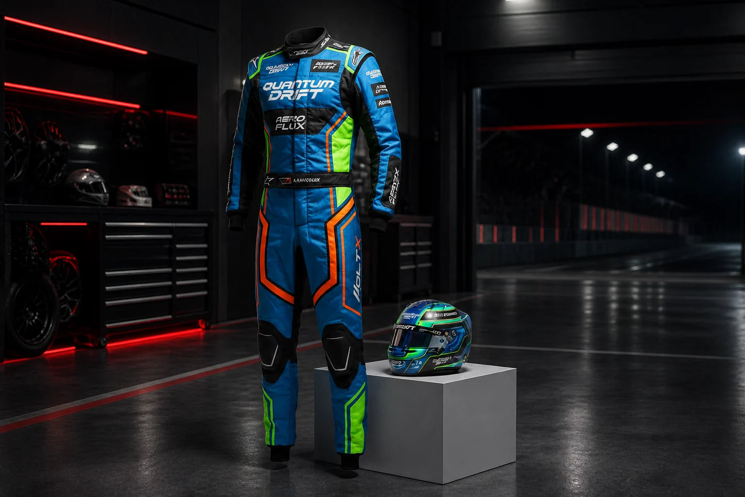 Blue F1-inspired race suit and helmet displayed inside a dark motorsport pit garage for the Dash Racegear 2026 buying guide