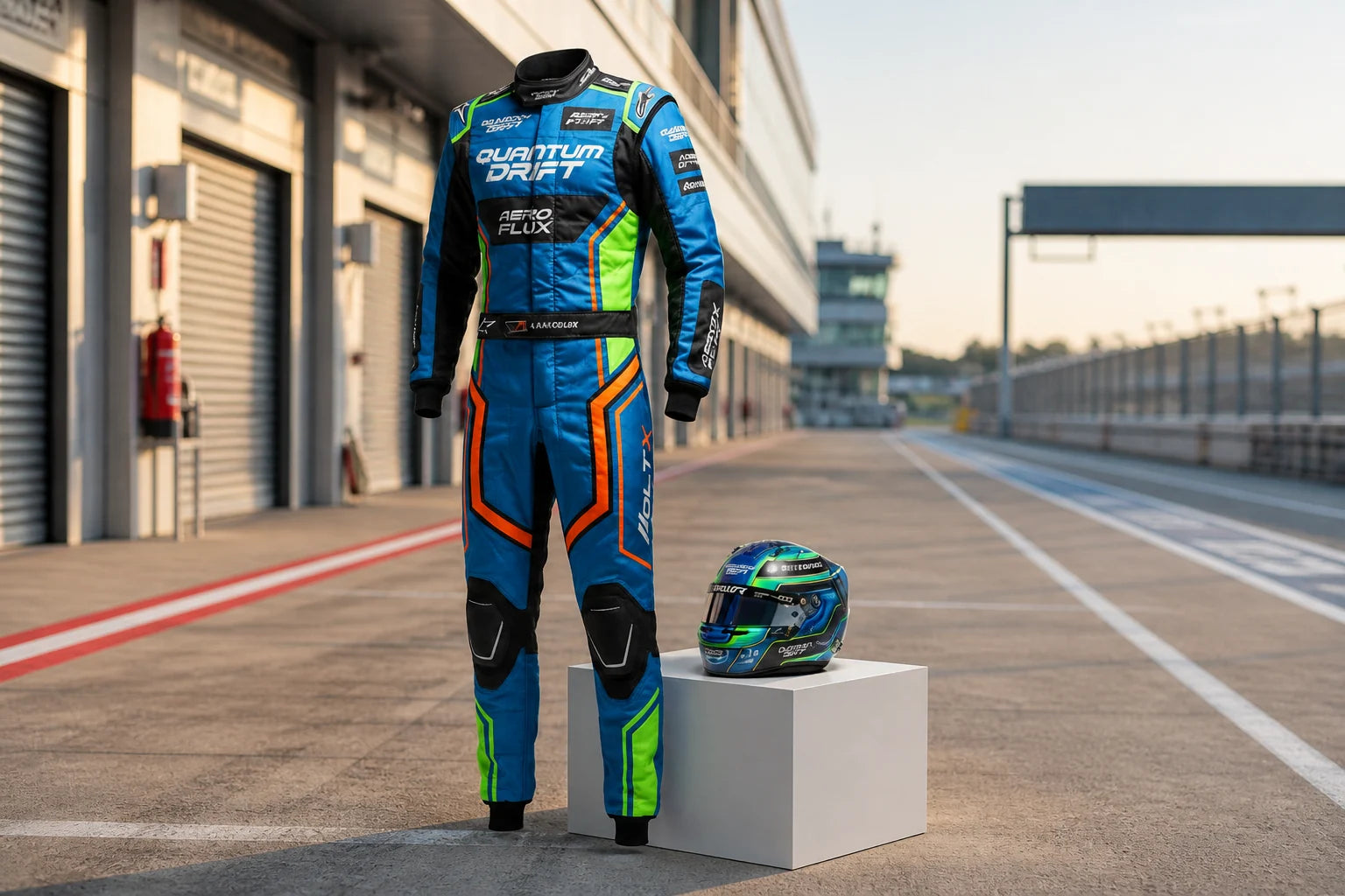 Blue F1-inspired race suit and helmet displayed in a daylight racing pit lane for the Dash Racegear 2026 guide