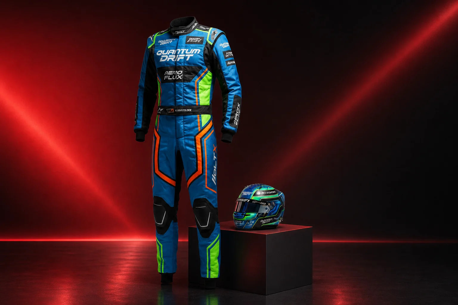 Blue green and orange F1-inspired race suit with helmet against a red and black studio background by Dash Racegear