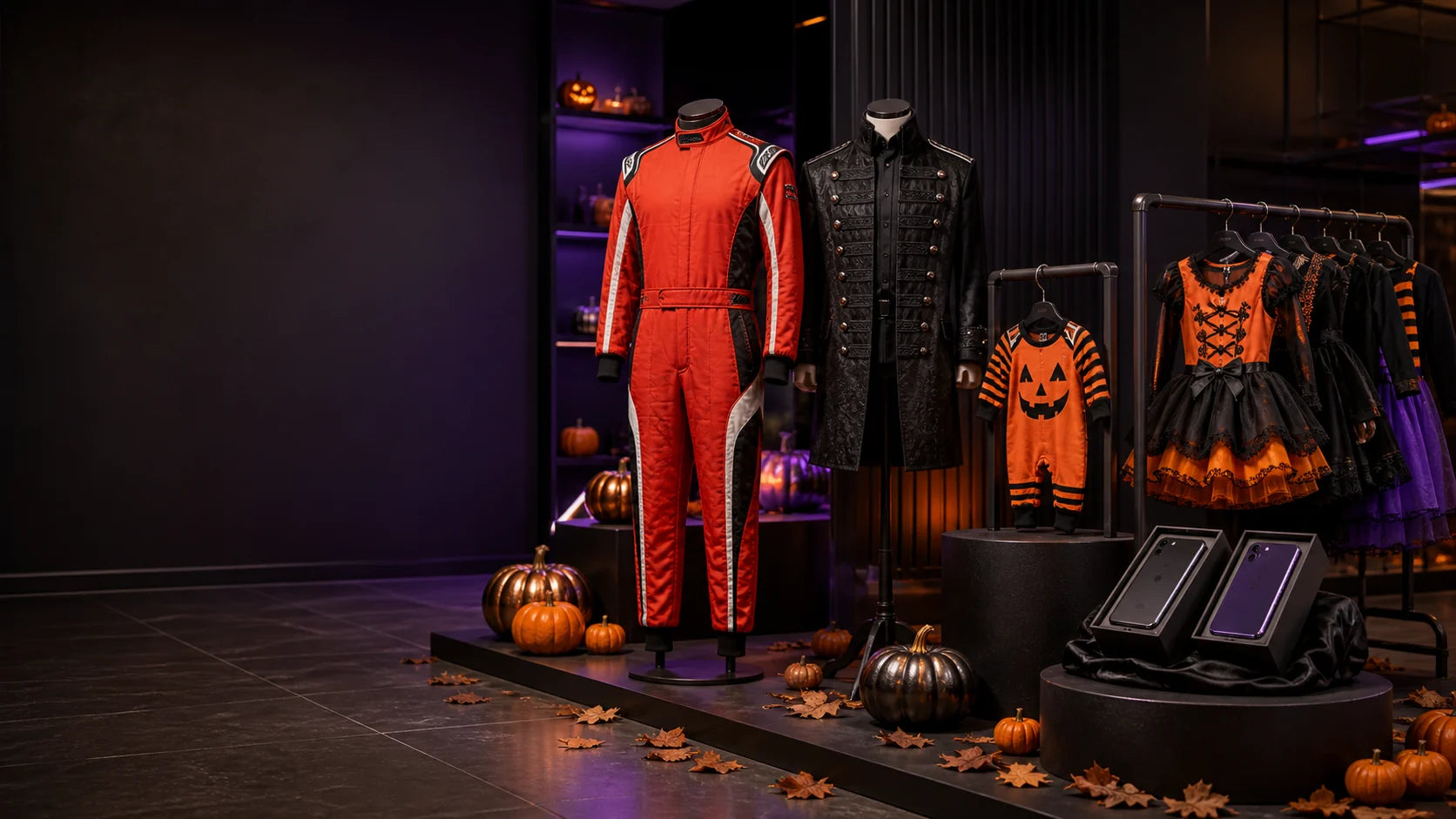 Halloween 2026 sale display with race suit jacket baby romper girls and teen costumes plus smartphone prize boxes by Dash Racegear