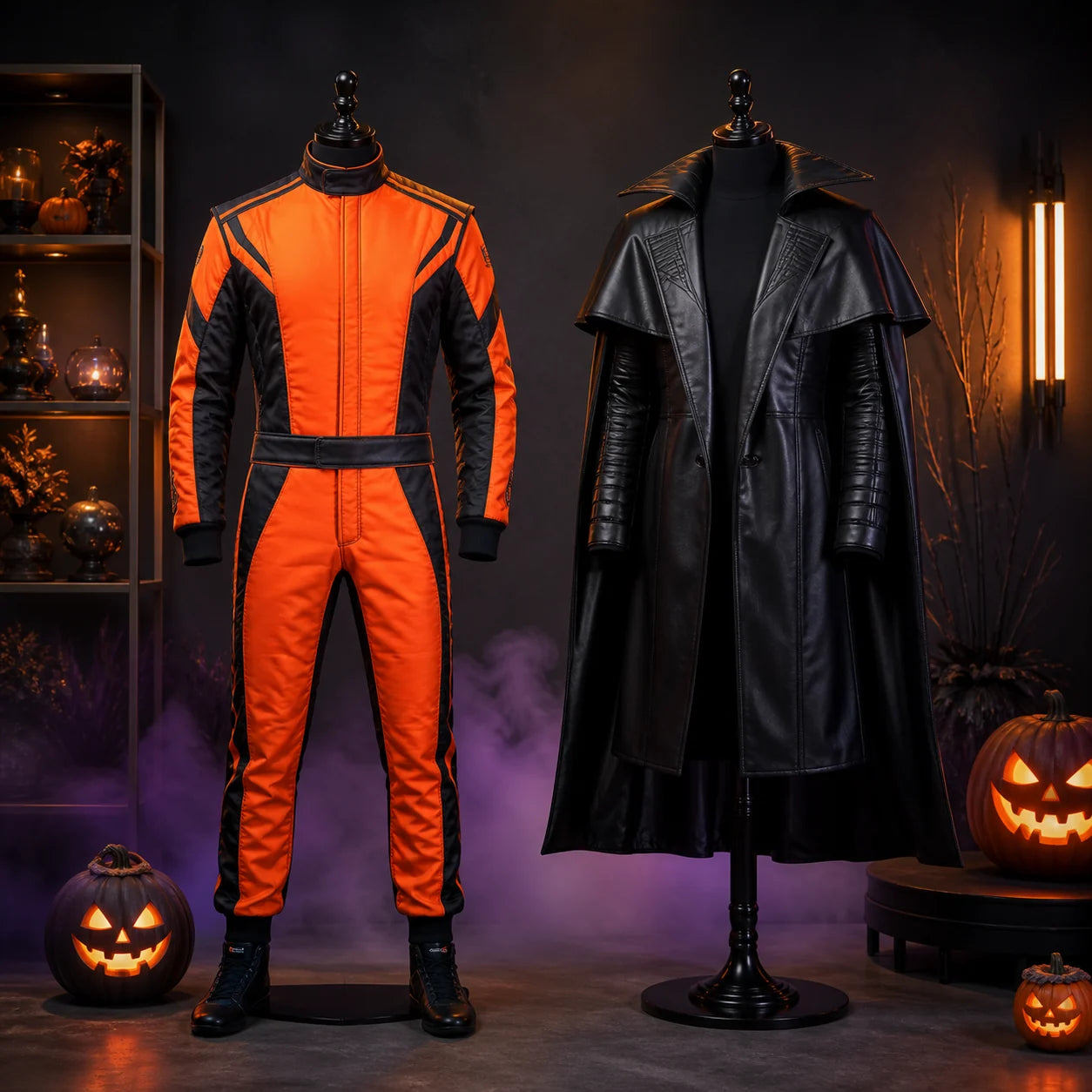 Orange and black Halloween race suit and black costume jacket displayed on mannequins