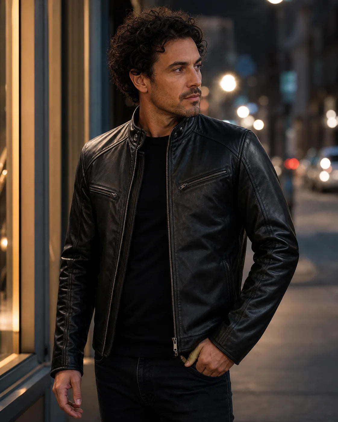 Man styling a black leather motorcycle jacket in an evening city setting